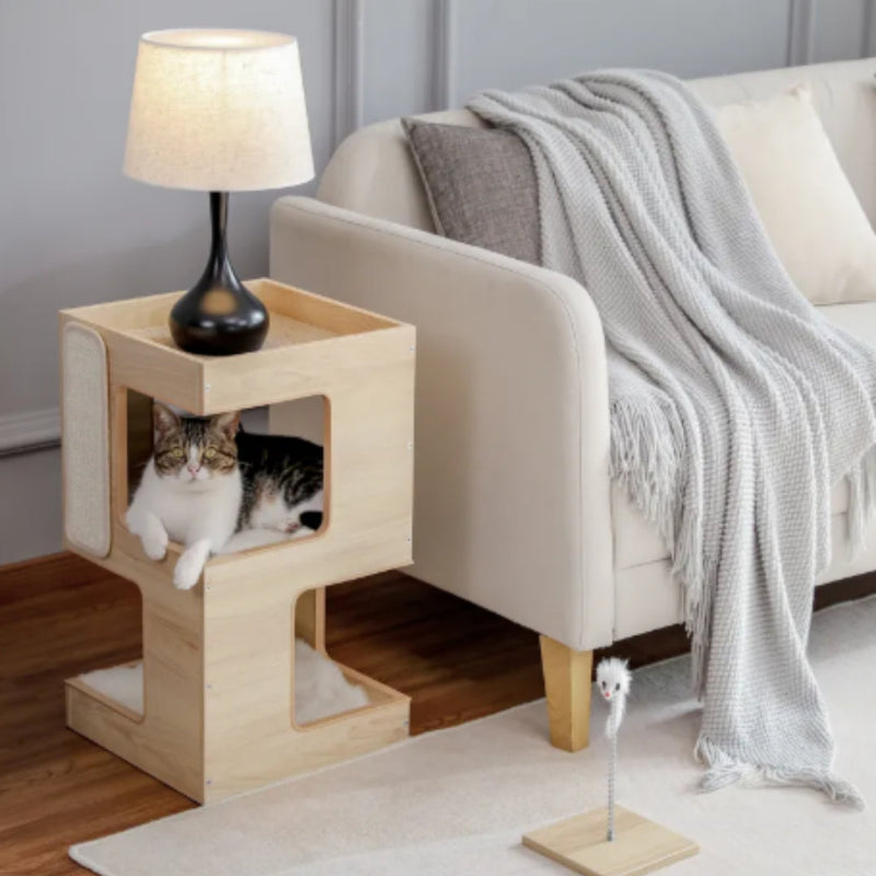 Katzenkratzmöbel Aus Holz – Kratzbaum mit Multifunktionalen Schlafplätzen und Sisalflächen