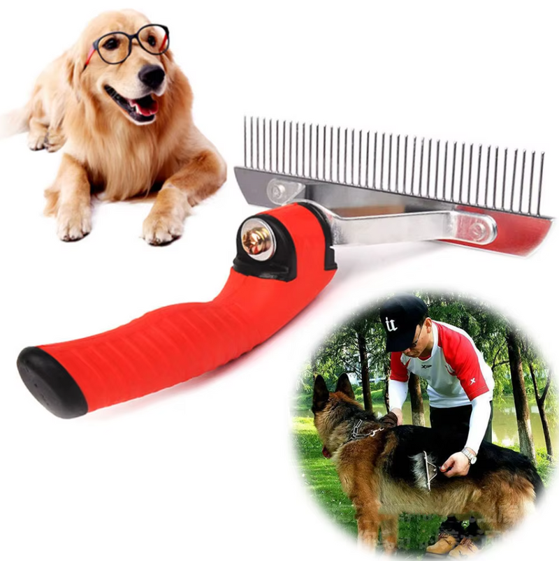 Fellpflege-Rake für Große Hunde mit Rotem Griff und Stabilen Edelstahlzinken