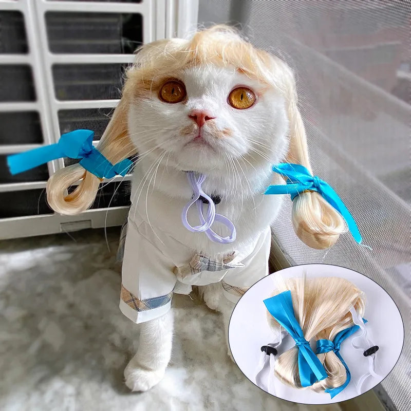 Lustige Perücke für Hunde und Katzen mit Zöpfen und Schleifen – Tierkostüm für Fotos und Partys