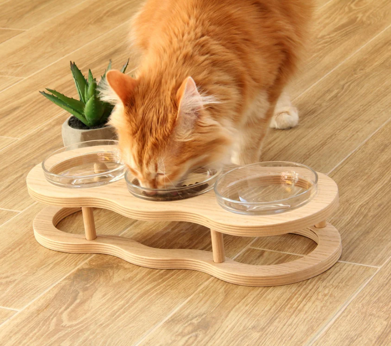 Erhöhtes Futternapf-Set aus Holz und Glas für Hunde und Katzen mit Rutschfester Halterung